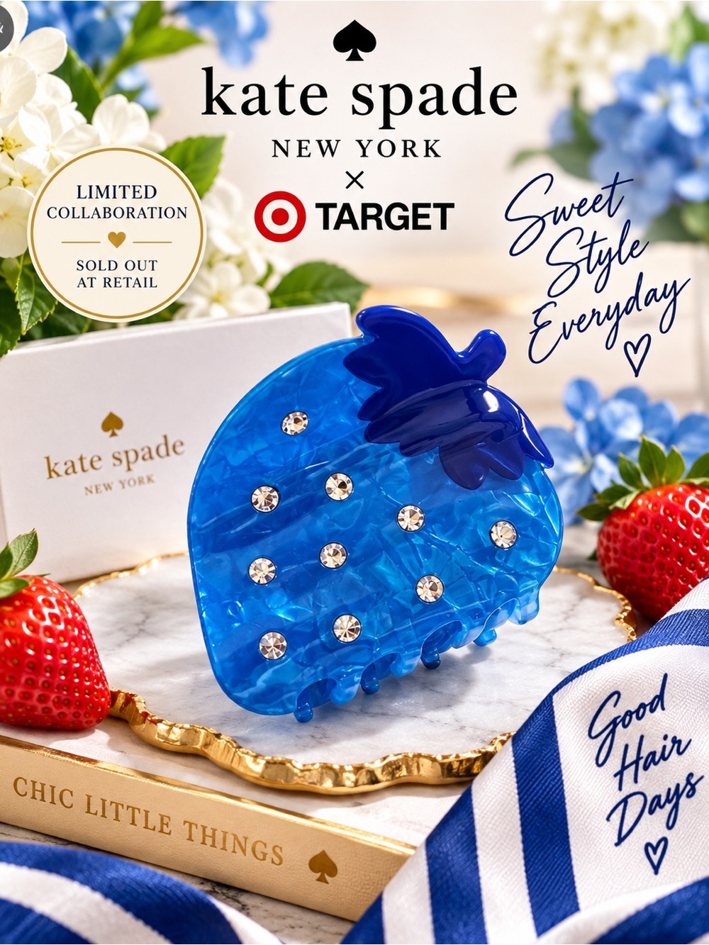 Kate Spade X Target Blue‎ Strawberry Hair Claw Clip with Rhinestones NWT